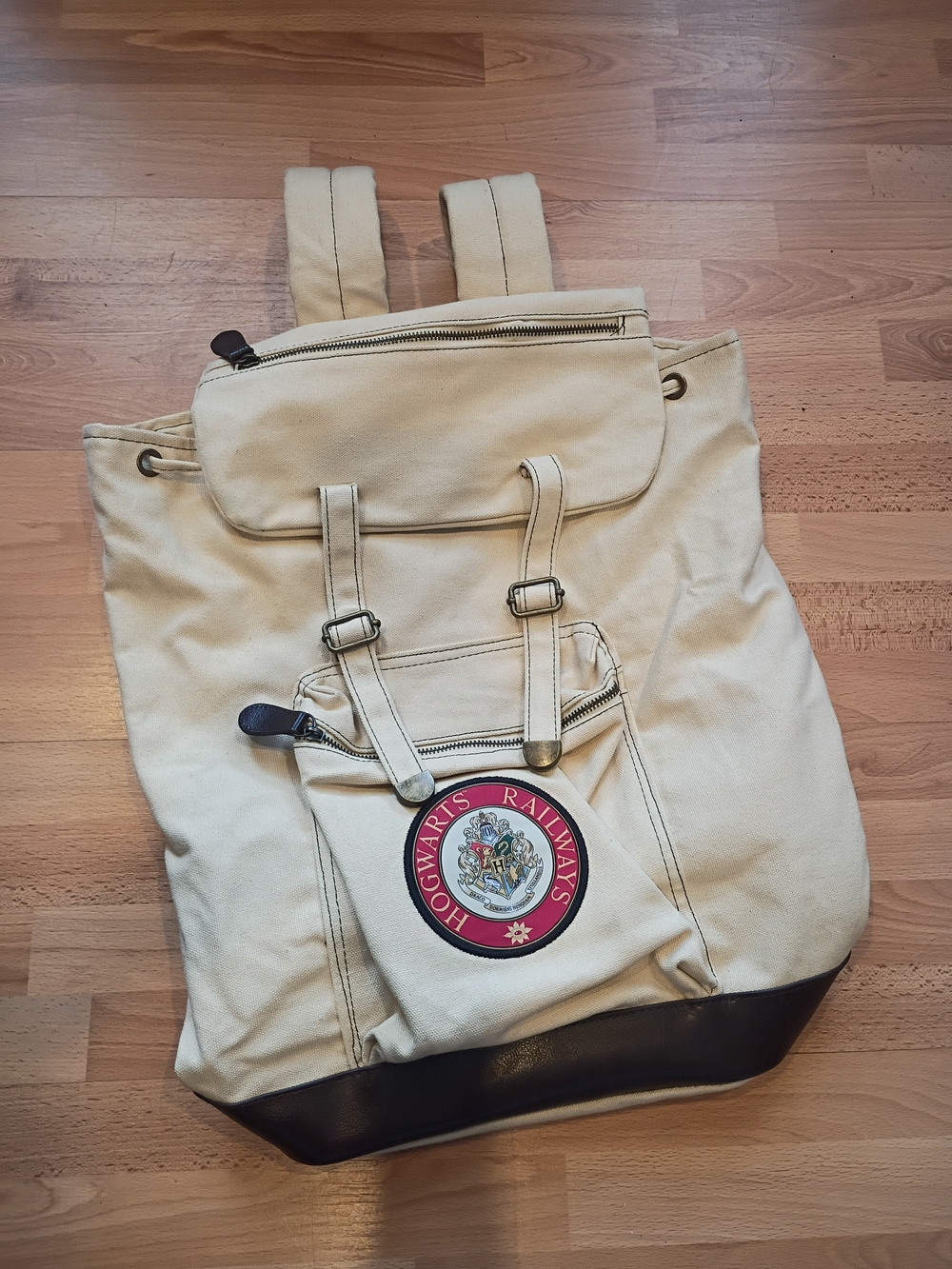 Hogwarts Railways Cream Canvas Backpack with Dark Brown Leather Base